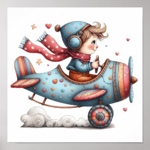 Niño Poster de arte de guardería con avión viejo v