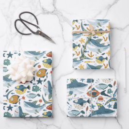 Niño tiburón envuelve hojas de papel de 3