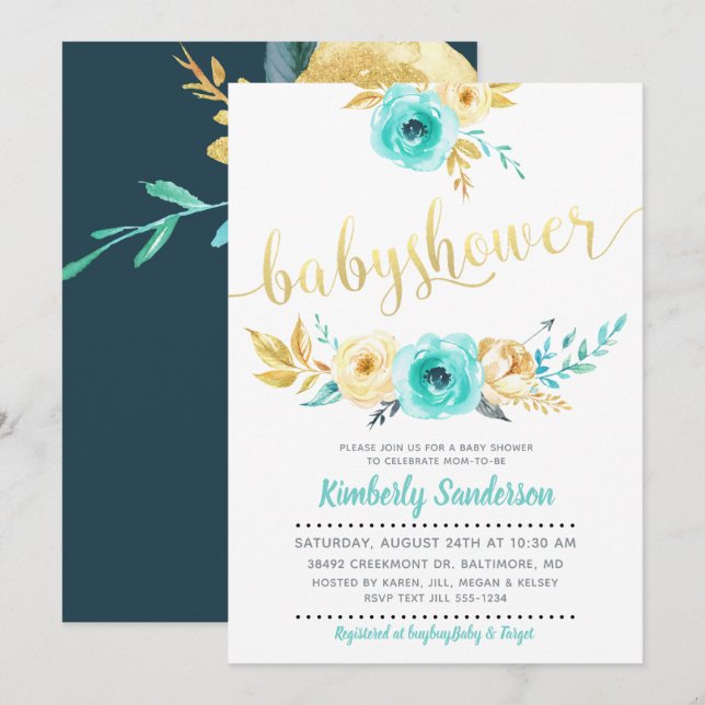 Niño Verde azulado Blue Gold Invitación a Baby Sho (Anverso / Reverso)