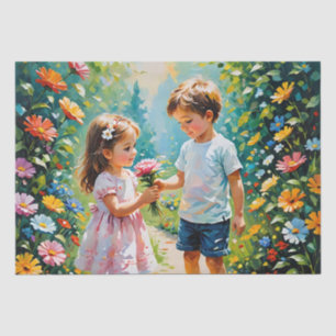 Niño y Chica en papel de tejido de jardín mágico