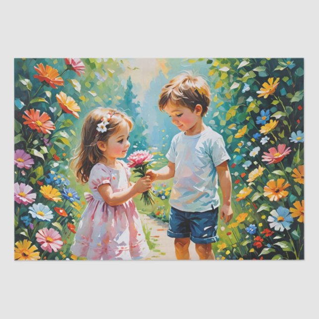 Niño y Chica en papel de tejido de jardín mágico (Anverso)