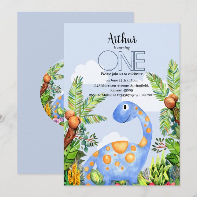 Niños acuarela Dinosaurio Invitación al primer cum (Anverso / Reverso)