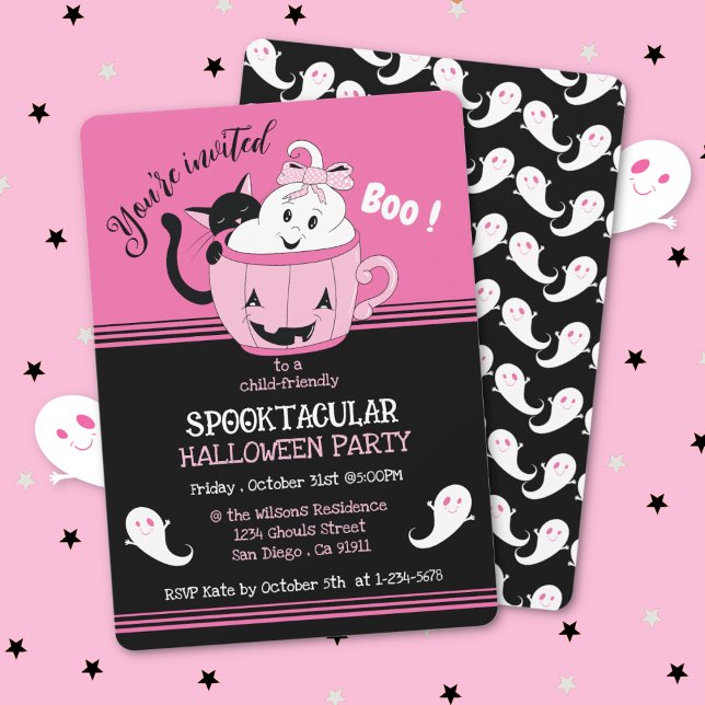 Niños adorables invitaciones de Halloween rosado n (Spooky cute pink and black ghost theme kid-friendly Halloween party invitation .)