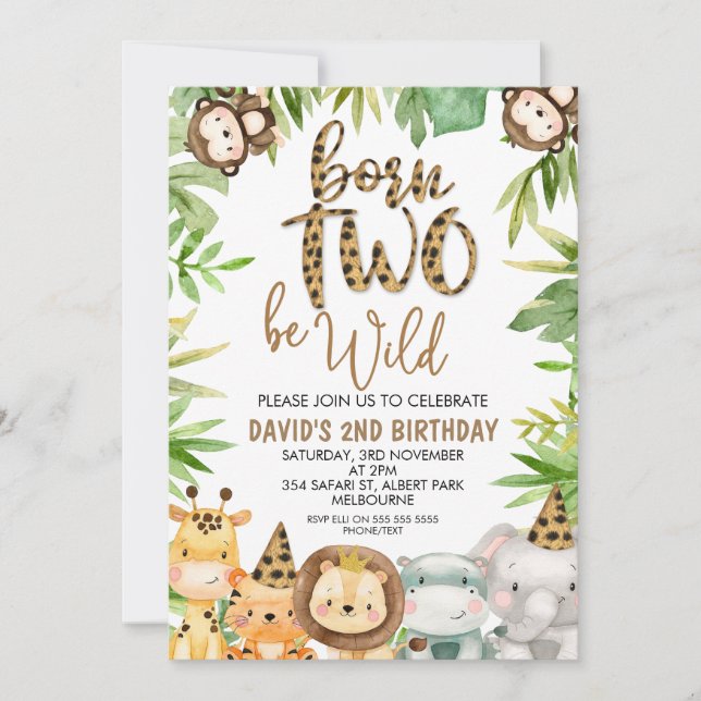 Niños Animales Safari Dos Invitaciones Salvajes de (Anverso)