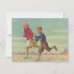 Niños antiguos corriendo a la escuela llevando lib