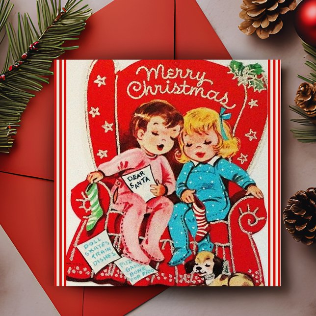 Niños Antiguos Esperando a Santa Navidad Personali (Vintage Children Awaiting Santa Custom Christmas Holiday Card. Add your name and a special message!)