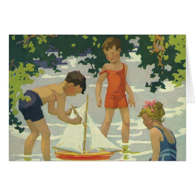 Niños antiguos jugando botes de vela de juguete Es (Anverso (Horizontal))