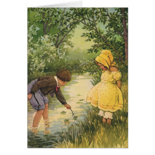 Niños Antiguos, Niño y Niña Jugando junto al Arroy