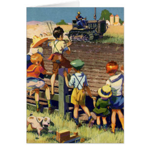 Niños antiguos saludando a un agricultor local en 