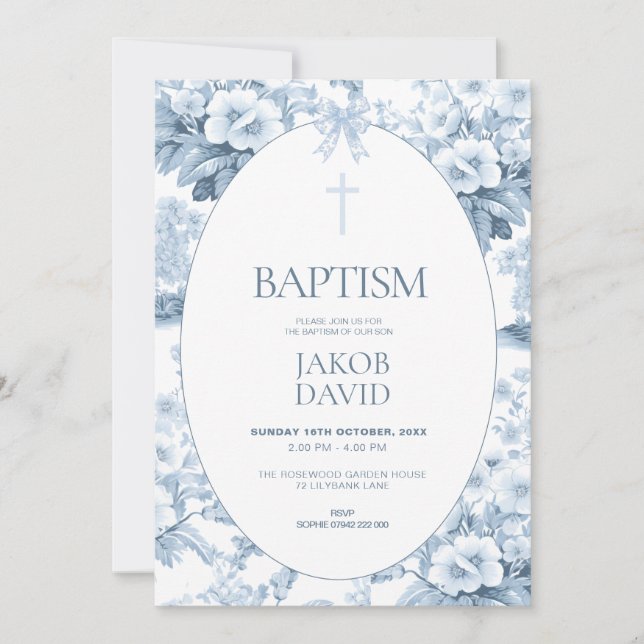 Niños Baptismo Invitación Blue Vintage Floral Toil (Anverso)