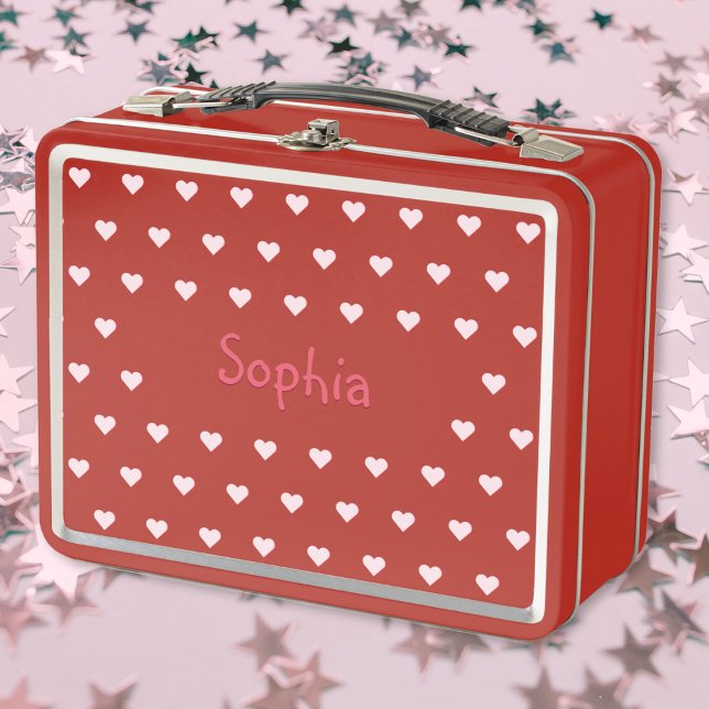 Niños Chicas personalizados nombran escuela de cor (Personalized Kids Girls Name Pink Hearts School Metal Lunch Box)