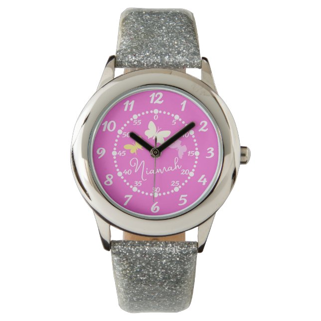 Niños chicas rosa tres mariposas y reloj de nombre (Anverso)