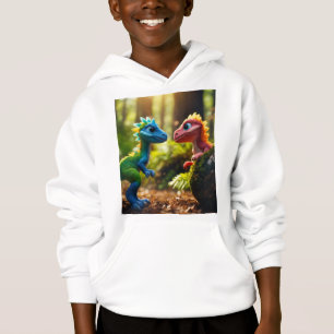 Niños con foto de dinosaurios.