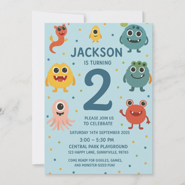 Niños con Monstruos Azules Invitación de cumpleaño (Anverso)