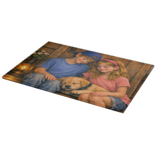 Niños con tabla de cortar de vidrio de cachorro do