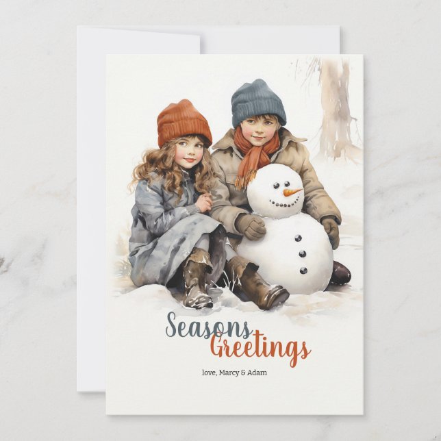 Niños con tarjeta de vacaciones Snowman (Anverso)