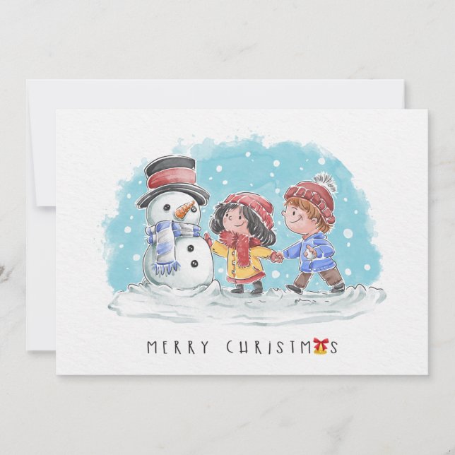 Niños con tarjeta navideña Snowman Merry (Anverso)