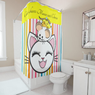 Niños Cortina de ducha Stripe Cat Ratón Queso