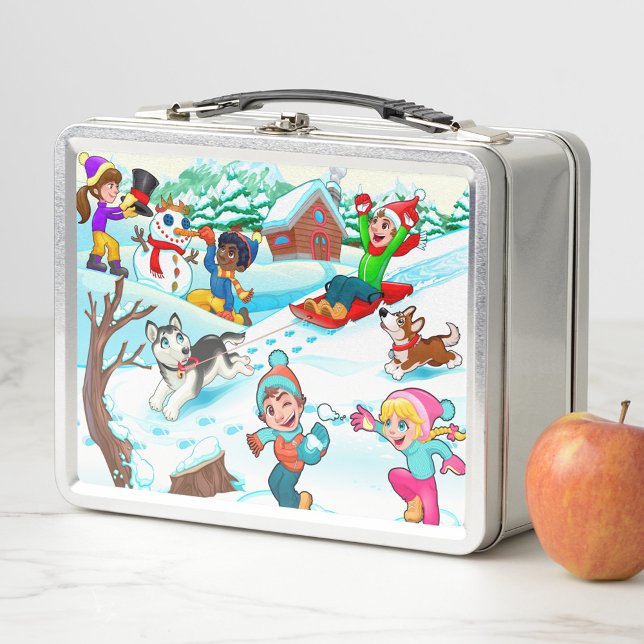 Niños de invierno (Illustration of a metal lunchbox with a cartoon scene of children playing in the snow!)