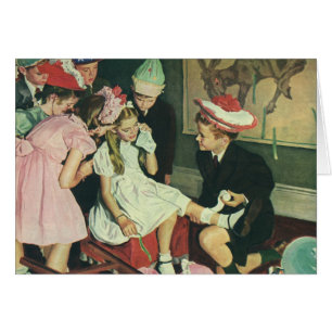 Niños de la época juegan al clavo en el burro