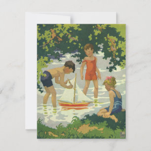 Niños de la época jugando a veleros de juguete