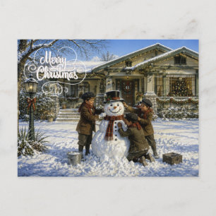 Niños de Navidad construyendo un muñeco de nieve