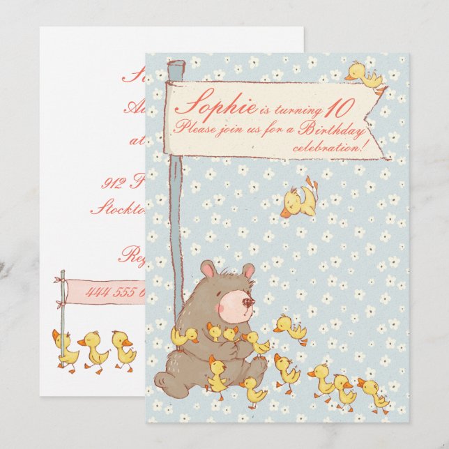Niños de oso y ducklings Invitación de cumpleaños (Anverso / Reverso)