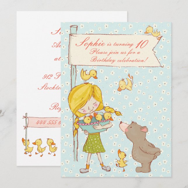 Niños de oso y ducklings Invitación de cumpleaños (Anverso / Reverso)