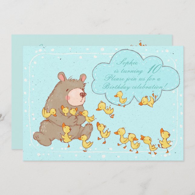 Niños de oso y ducklings Invitación de cumpleaños (Anverso / Reverso)