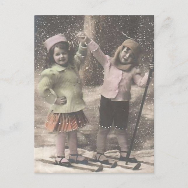 Niños de postal de Navidad de época en esquís (Anverso)