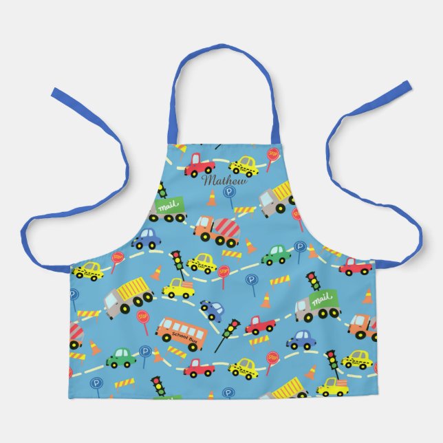 Niños de transporte azul. Delantal con impresión c (Anverso)