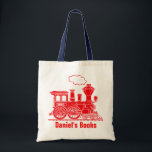 Niños del tren rojo llamado bolsa de toconos de la<br><div class="desc">Bolso de biblioteca de la escuela de los chicos del tren rojo brillante. Personalice con el nombre de su hijo,  perfecto para la biblioteca o la escuela. Actualmente se leen los Libros de Daniel y Daniel en el plato de caldera. Diseñado exclusivamente por Sarah Trett.</div>