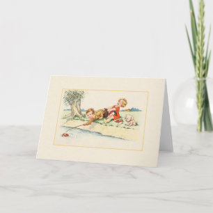 Niños del vintage que pescan la tarjeta de nota