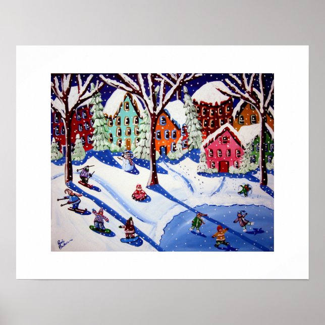 Niños divertidos de invierno Arte Popular Patinan  (Frente)