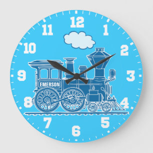 Niños divertidos llaman reloj de pared azul y blan