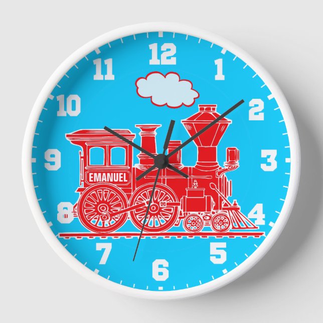 Niños divertidos llaman reloj de pared rojo y azul (Anverso)