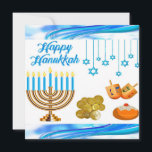 Niños divertidos Monedas de tarjetas de Chanukah d<br><div class="desc">Esta es una linda tarjeta Chanukah para niños con menorah,  monedas de oro y sueños con colores alegres en blanco. El dorso de la carta es azul suave bonito.</div>