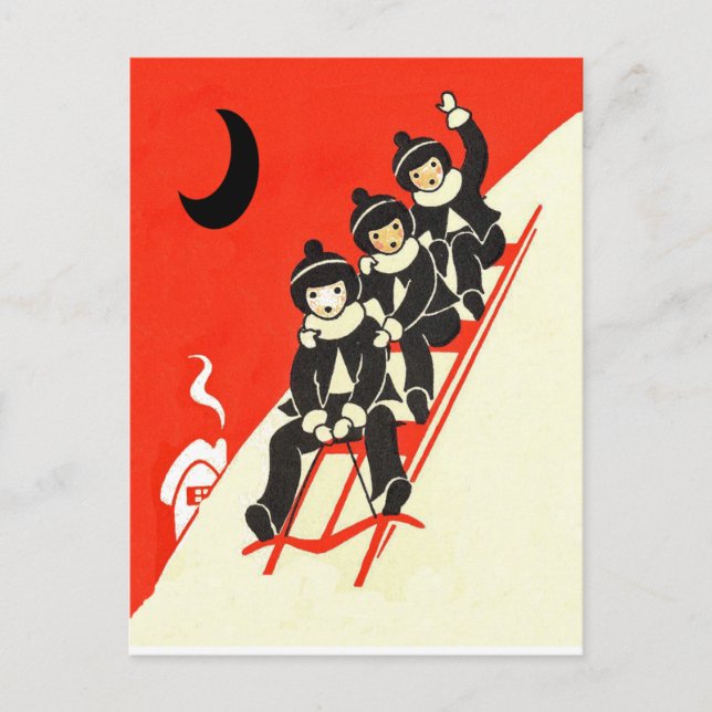 Niños en una postal de la escena de invierno (Anverso)