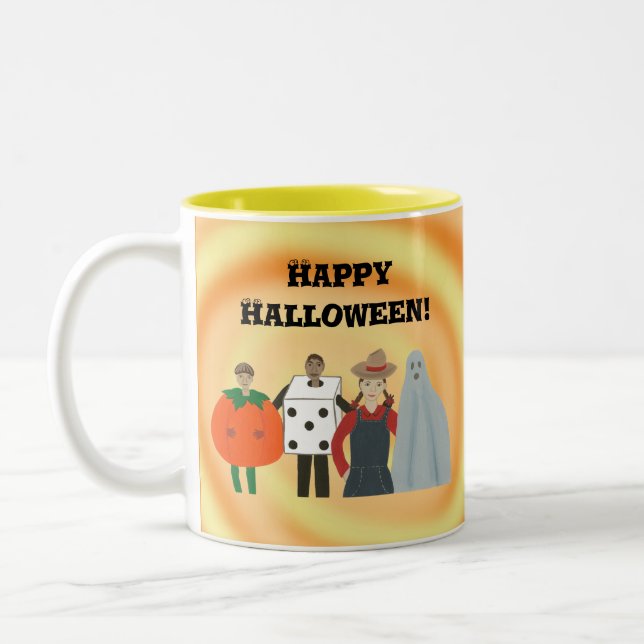 Niños felices de Halloween con disfraces y tazas (Izquierda)