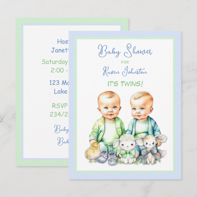 Niños gemelos azules y verdes invitaciones a ducha (Anverso / Reverso)