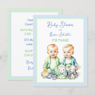 Niños gemelos azules y verdes invitaciones a ducha