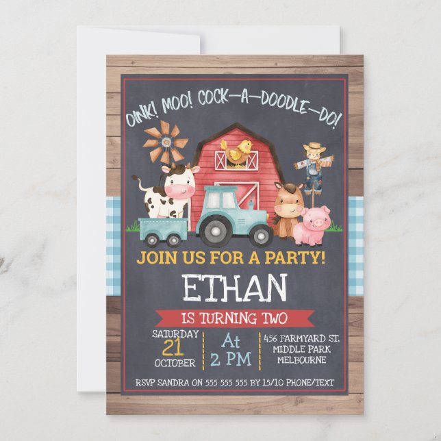 Niños granjeros Animales Chalkboard Invitación al  (Anverso)