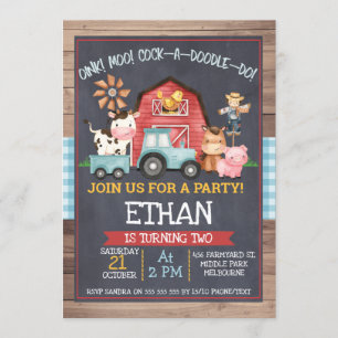 Niños granjeros Animales Chalkboard Invitación al 