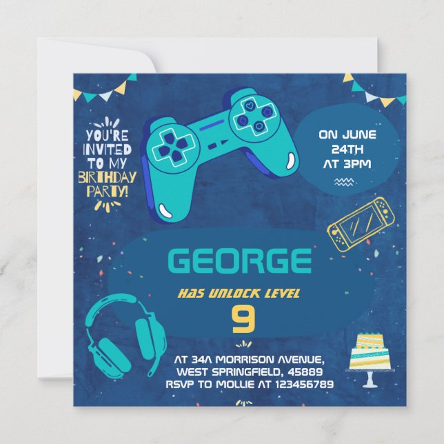 Niños Invitación al cumpleaños del juego de video  (Anverso)
