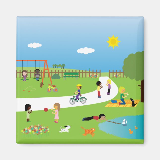 Niños jugando en el imán del parque (Frente)