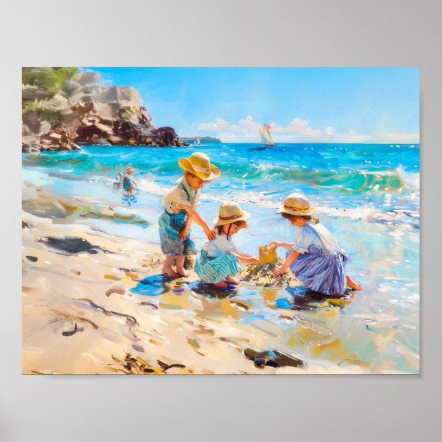 Niños jugando en la playa - Arte impresionista (Frente)