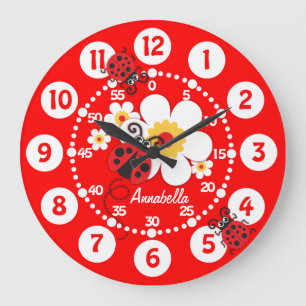 Niños ladybug y flores reloj de pared rojo brillan