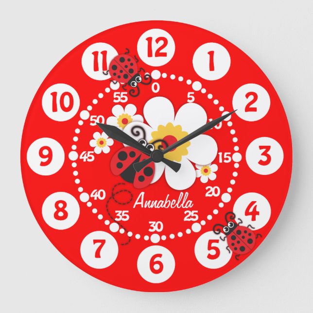 Niños ladybug y flores reloj de pared rojo brillan (Anverso)