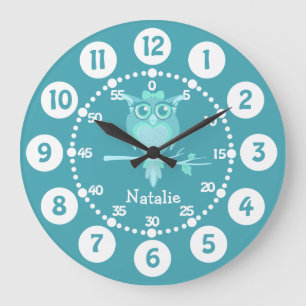 Niños lindo búho aqua reloj de pared verde azul