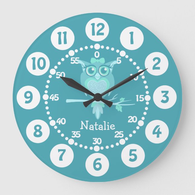 Niños lindo búho aqua reloj de pared verde azul (Anverso)